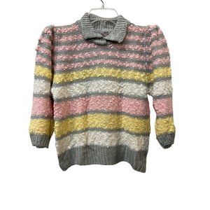 Vintage Preppy Cardigan Sweater Knit Top Spice of Life Pink Yellow Pastel Stripe